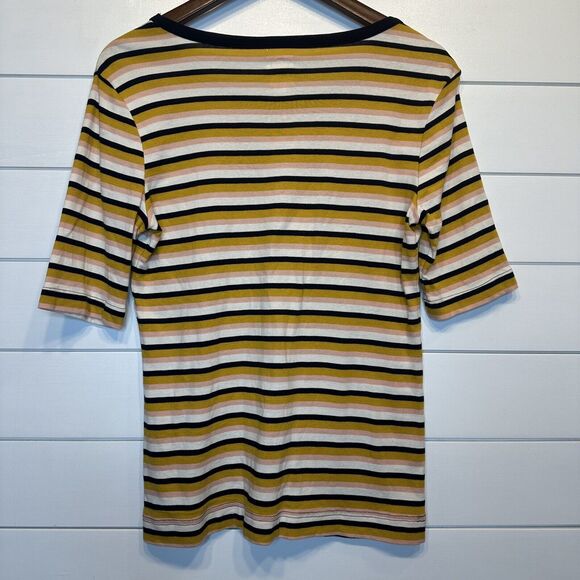 Women's Duluth Top Small Elbow Length Sleeve Tee 100% Cotton Stripe Pink Yellow - Picture 4 of 5